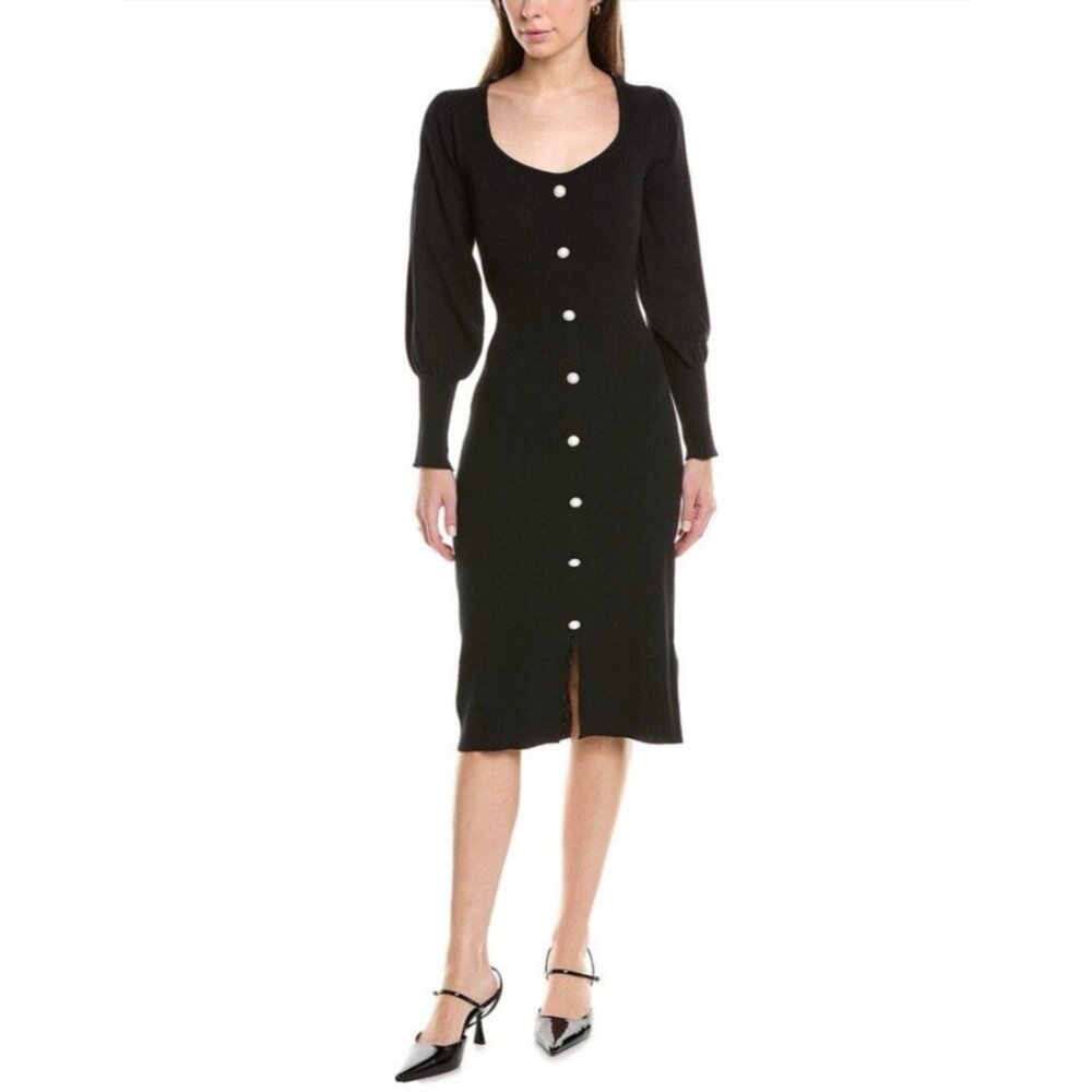 Nanette Lepore Knit Sweater Dress XL Faux Crystal Pearl Buttons Sleeve Black NWT